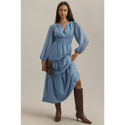 by Anthropologie The Somerset Maxi Dress Blue NWT Popover Long Sleeve Women's XS