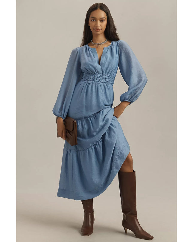 by Anthropologie The Somerset Maxi Dress Blue NWT Popover Long Sleeve Women's XS