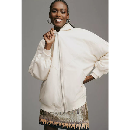 By Anthropologie Oversized Bomber Jacket Off White Zip Up Lightweight Women's XS