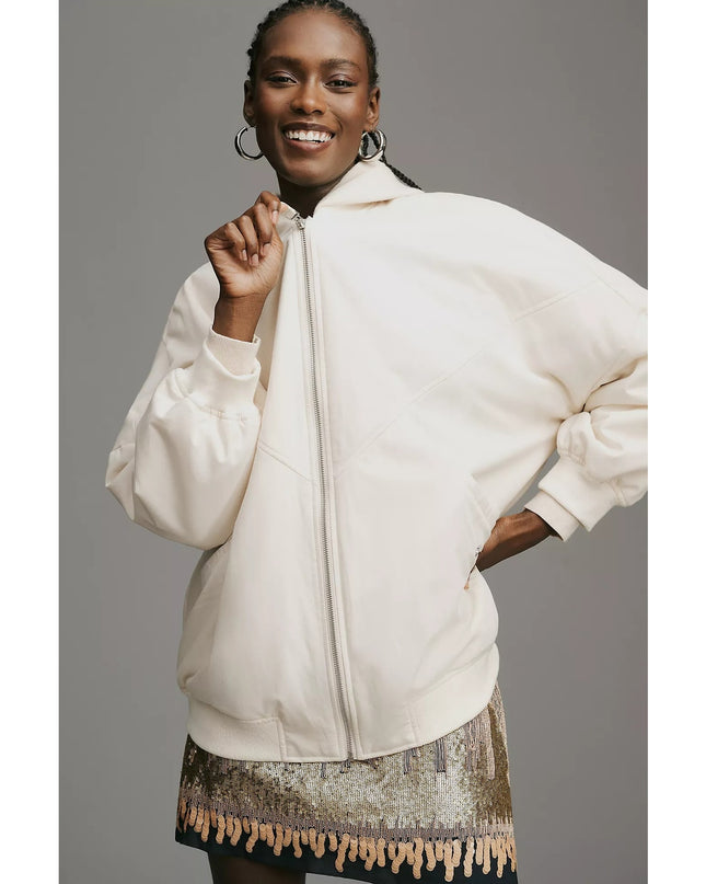 By Anthropologie Oversized Bomber Jacket Off White Zip Up Lightweight Women's XS
