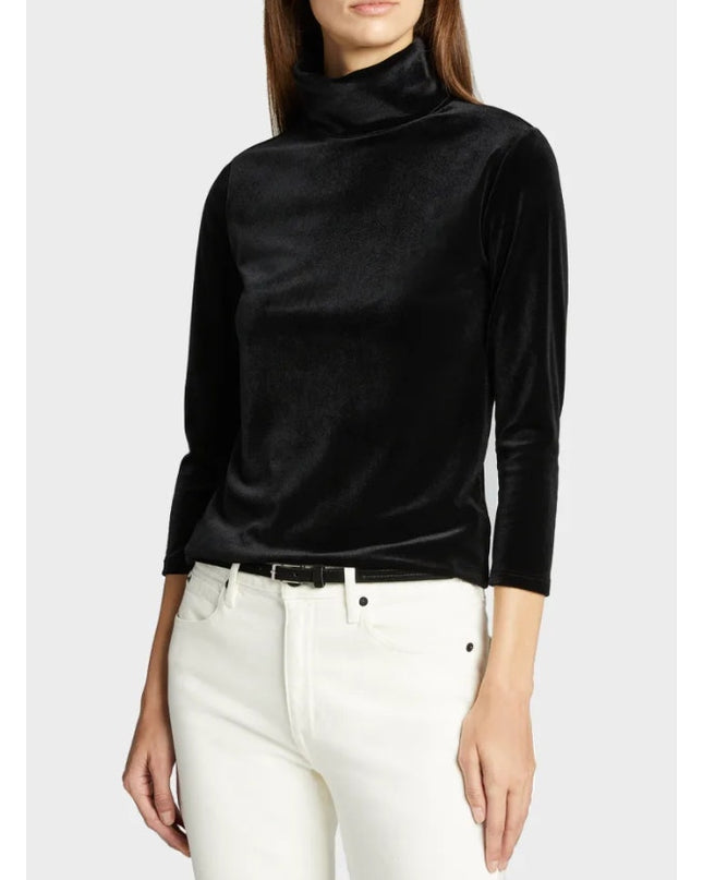 L'agence Coralie Turtleneck Top Black Velvet 3/4 Sleeve Relaxed Fit Women's M