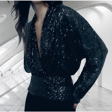 ZARA Draped Sequin Blouse Black Surplice V-Neckline Long Sleeve Women's S