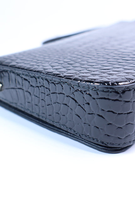 JIMMY CHOO Palace Croc-Embossed Crossbody Purse Black Leather and Chain Strap