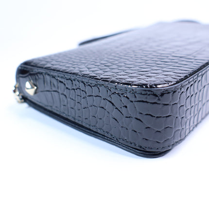 JIMMY CHOO Palace Croc-Embossed Crossbody Purse Black Leather and Chain Strap