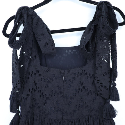 Mille Floral Eyelet Maxi Dress Black NWT Cotton Tasseled Tie Strap Women's XXS