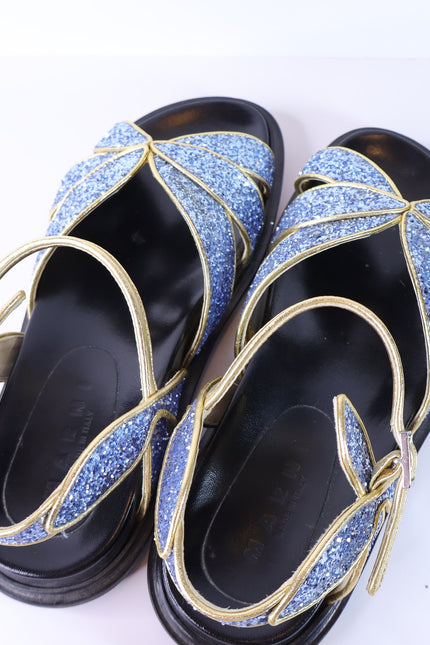 MARNI Flat Glitter Sandals Blue and Gold Butterfly Ankle Strap Women's 38/US 8