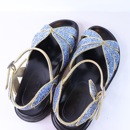 MARNI Flat Glitter Sandals Blue and Gold Butterfly Ankle Strap Women's 38/US 8