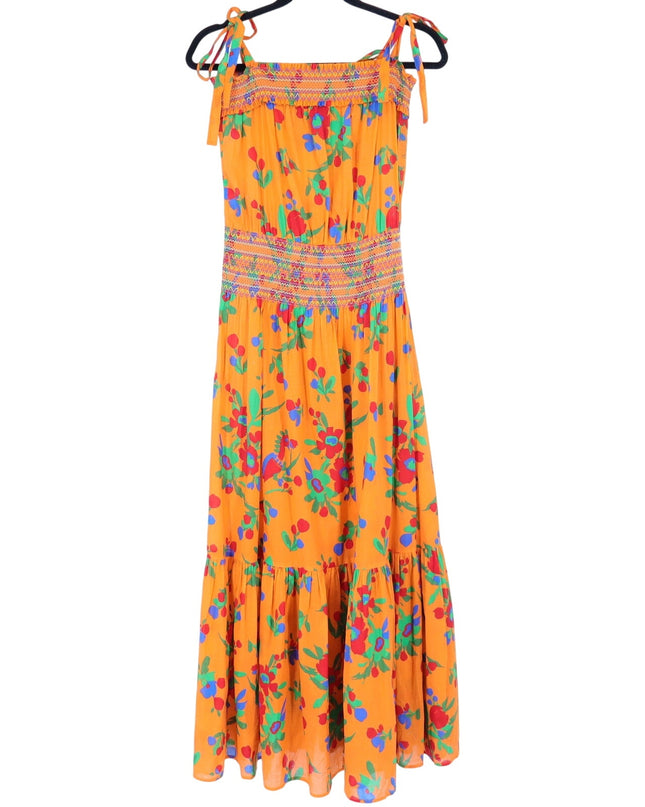 TORY BURCH Printed Smocked Dress Orange Floral Floral Tie Strap Women's S