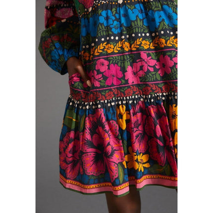 Farm Rio Puff Sleeve Tunic Mini Dress Black Multi V Neck Pullover Women's S