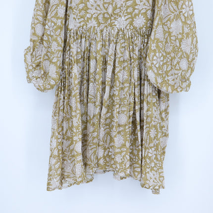 Daughters of India Kyra Mini Dress Olive Green Cotton Floral Print Women's M