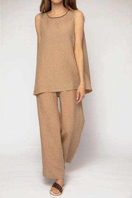 FABIANA FILIPPI Linen Tunic Top Fieno Brown Tie Up Back Sleeveless Women's 12/XL