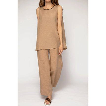 FABIANA FILIPPI Linen Tunic Top Fieno Brown Tie Up Back Sleeveless Women's 12/XL