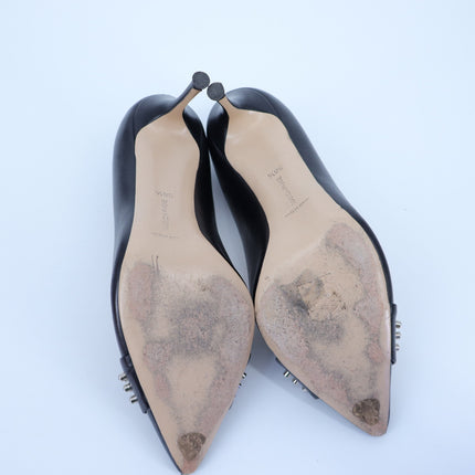 MARION PARKE CZ Studded Pumps Black Leather Pointed Toe Heel Women's 38.5/US 8.5
