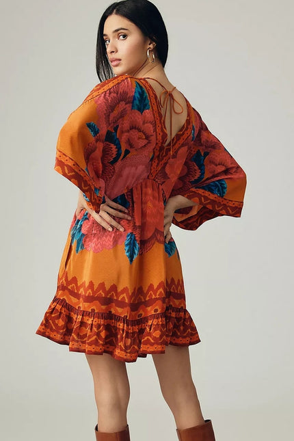 FARM RIO Long Sleeve V Neck Mini Dress Orange Floral Kimono Women's M