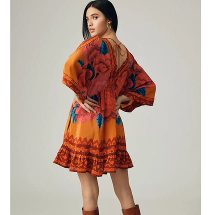 FARM RIO Long Sleeve V Neck Mini Dress Orange Floral Kimono Women's M