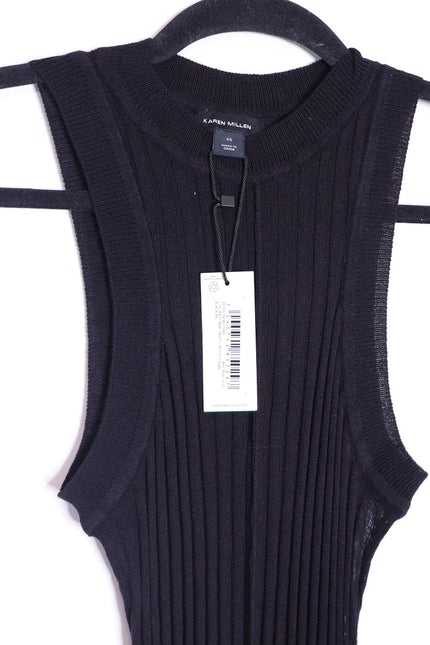KAREN MILLEN NWT Linen Blend Racer Neck Knit Dress Black Full Skirt Women's XS