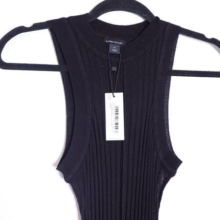 KAREN MILLEN Linen Blend Racer Neck Knit Dress NWT Black Full Skirt Women's XS