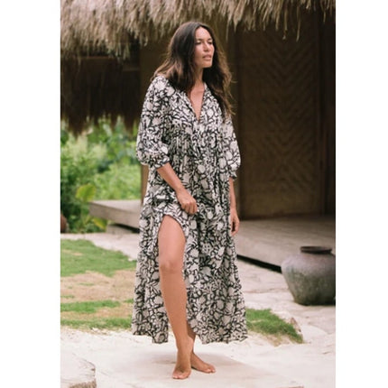 Daughters of India Kyra Maxi Dress Pepper Black NWT Jaal Block Print Women's S