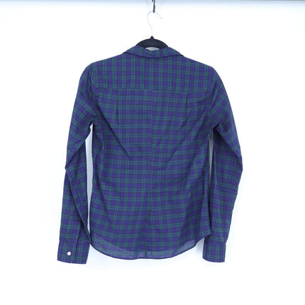 Frank & Eileen Barry Cotton Shirt Navy Green Plaid Button Up Blouse Women's XS