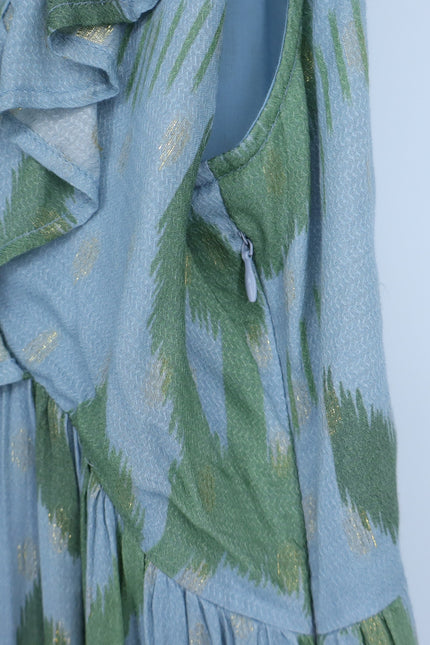 OLIPHANT Ruffle V-Neck Maxi Dress Chitka Blue Green Printed Sleeveless Women's L