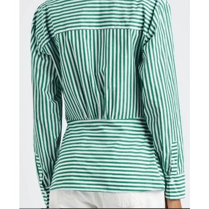 Veronica Beard Claude Button Up Blouse Green White Stripe Asymmetric Women's L