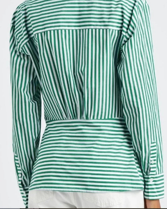 Veronica Beard Claude Button Up Blouse Green White Stripe Asymmetric Women's L