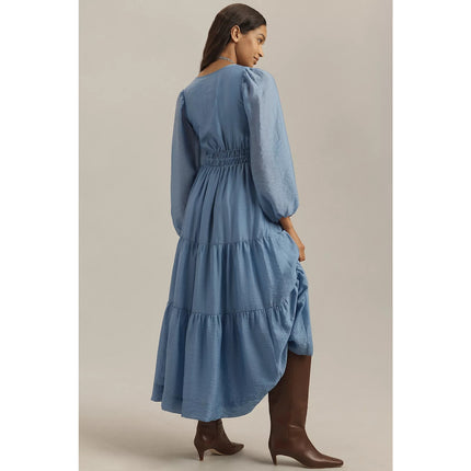by Anthropologie The Somerset Maxi Dress Blue NWT Popover Long Sleeve Women's XS