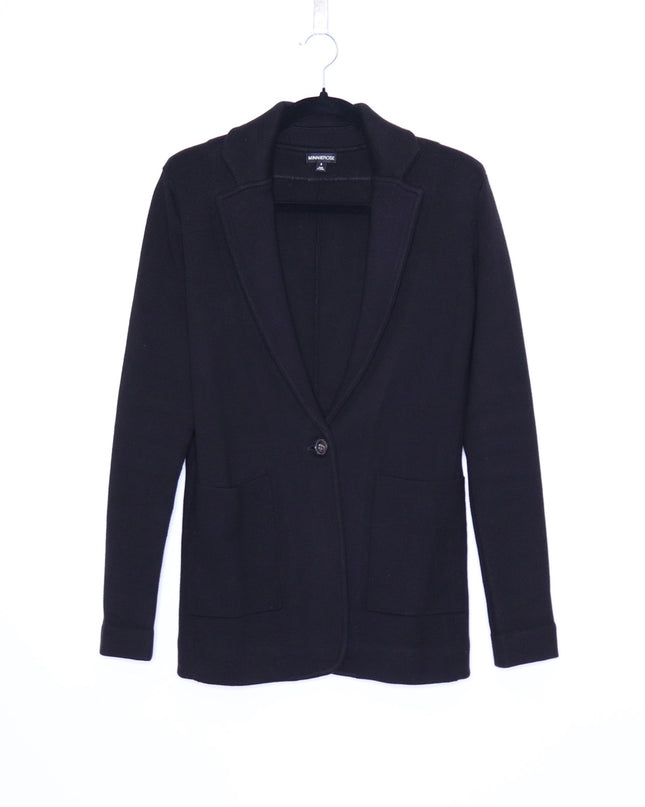 MINNIE ROSE Cotton Blend Boyfriend Blazer Black One Button Unlined Women's S