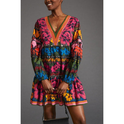 Farm Rio Puff Sleeve Tunic Mini Dress Black Multi V Neck Pullover Women's S