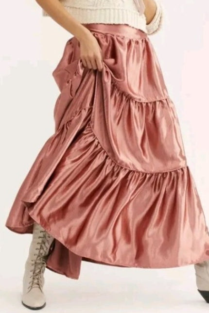 FREE PEOPLE Moonbeam Metallic Tiered Skirt Rose Gold Full Length Women's S