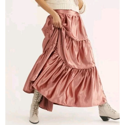 FREE PEOPLE Moonbeam Metallic Tiered Skirt Rose Gold Full Length Women's S