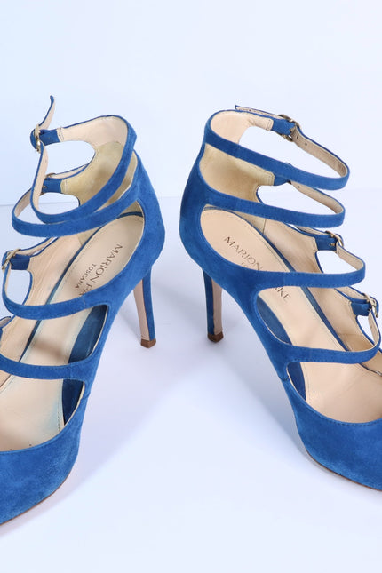MARION PARKE Mitchell Blue Suede Caged Heel Multi Buckle Women's 36/US 6