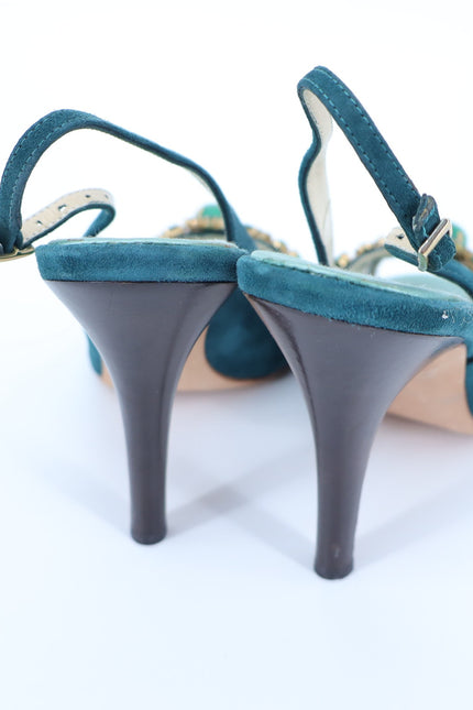 GIUSEPPE ZANOTTI Swarovski Gemmed Slingback Heel Teal Suede Women's 38.5/US 8.5
