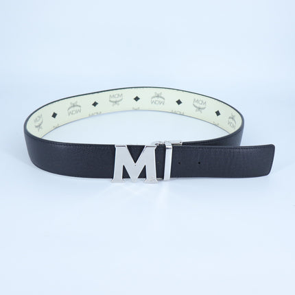 MCM Claus M Reversible Belt In Visetos White Gold Logo Print Men's S