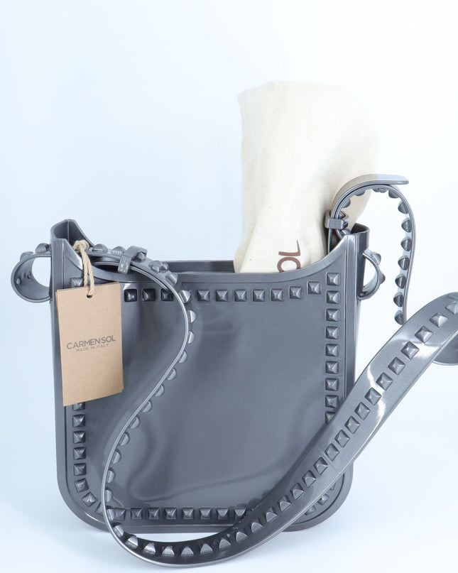 Carmen Sol Toni Mid Crossbody Bag Gunmetal NWT Metallic Studded Jelly Purse