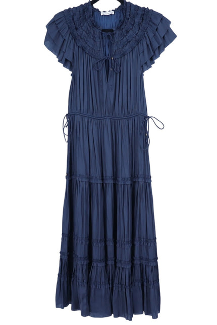 ULLA JOHNSON Midnight Navy Isadora Dress Pleated Satin Midi Ruffled Women's 2