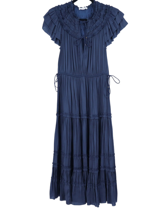 ULLA JOHNSON Midnight Navy Isadora Dress Pleated Satin Midi Ruffled Women's 2