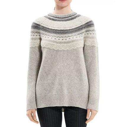 THEORY Fair Isle Sweater Melange Light Grey Wool Blend Long Sleeve Women's P/00