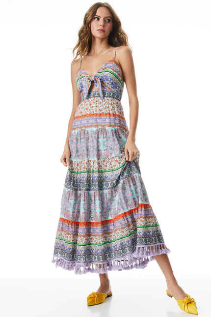 ALICE + OLIVIA Minka Tassel Fringe Maxi Dress Ritzy Multi Tie Front Women's 8