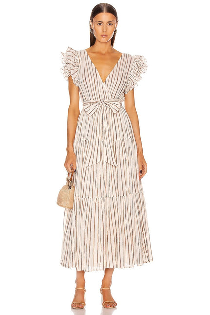 ULLA JOHNSON Lilliana Dress Cream Ruffled Sleeve Maxi Tiered Skirt Women's 2