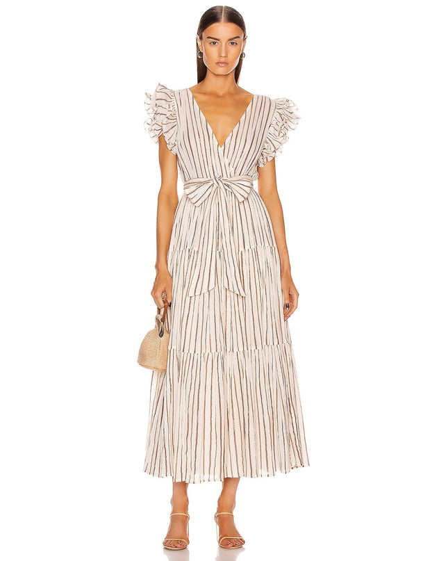 ULLA JOHNSON Lilliana Dress Cream Ruffled Sleeve Maxi Tiered Skirt Women's 2