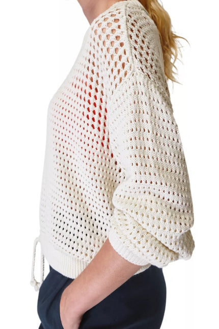 SWEATY BETTY Tides High Open Weave Sweater Lily White Drawstring Hip Women's 12