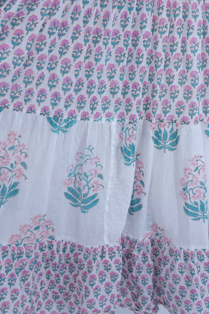 OLIPHANT Long Tiered Tassel Dress White Pastel Ditsy Floral Peasant Women's L