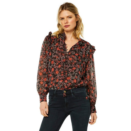Misa Analeigh Floral Blouse Black Ruffled Button Up Long Sleeve Top Women's XS