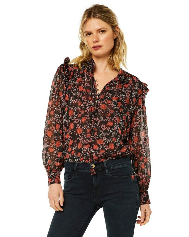 Misa Analeigh Floral Blouse Black Ruffled Button Up Long Sleeve Top Women's XS