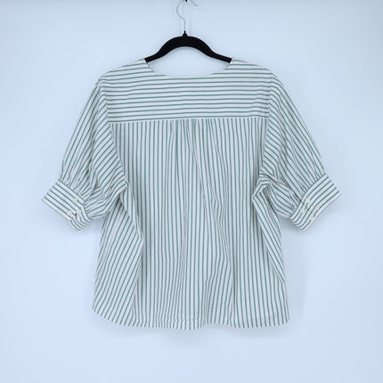 Frame V Neck Popover Blouse Green Gem Stripe Half Sleeve Women's M