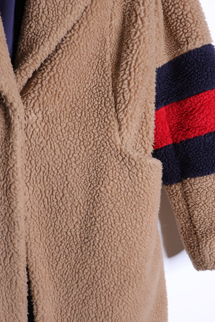 BODEN Hereford Teddy Bear Coat Tan Long Sleeve Elbow Stripes Women's 2