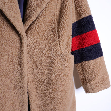 BODEN Hereford Teddy Bear Coat Tan Long Sleeve Elbow Stripes Women's 2