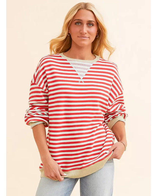 We The Free Stripe Oversized Pullover Sweatshirt Cherry Combo NWT Crew Women's S