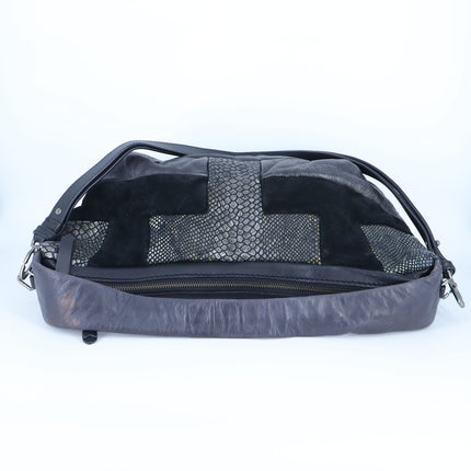 Liebeskind Berlin Irvine Hobo Shoulder Bag Oil Black Leather Reptile Mix Media
